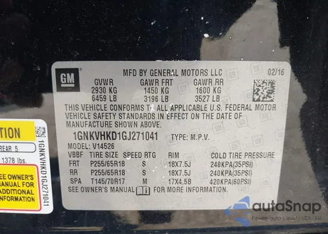 2016 Chevrolet Traverse 2Lt from USA, damaged, VIN 1GNKVHKD1GJ271041